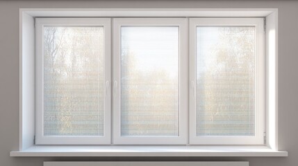 Fototapeta premium Minimalist white window frame with translucent panels filtering soft daylight. 