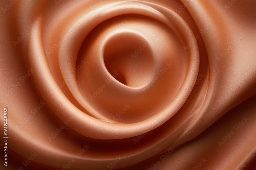 Poster Close-up of smooth, silky fabric folded and twisted into a soft, rose-like swirl with warm copper tones and gentle light reflections creating a luxurious texture