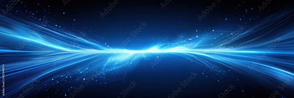 Poster abstract blue light beams converging in the center with glowing particles on a dark background creat