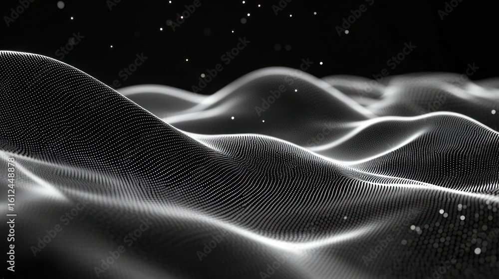 Poster abstract digital landscape of flowing black hills covered with glowing white dots forming a mesh, wi