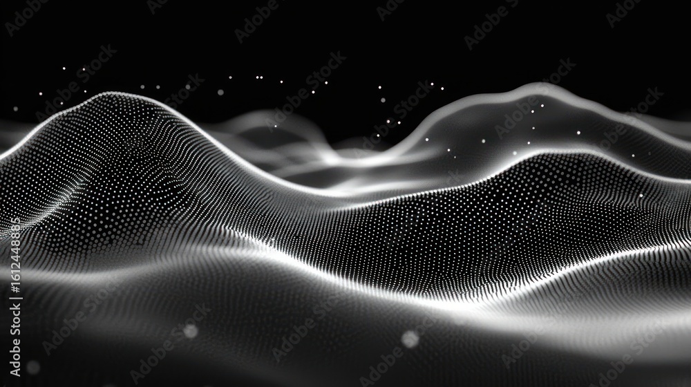 Poster abstract digital landscape with flowing wave-like forms composed of glowing white dots on a black ba