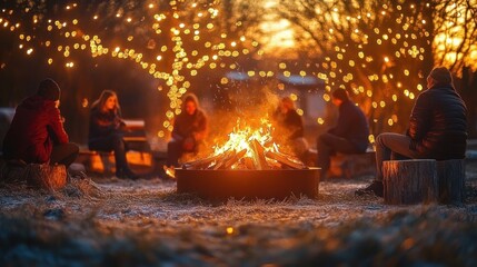 Obraz premium Group of people sitting around a warm campfire outdoors in a frosty evening with glowing string lights on trees