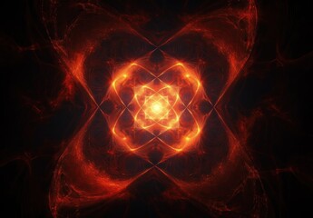 Glowing symmetrical fiery red fractal pattern radiating light against a dark background, evoking energy and intensity