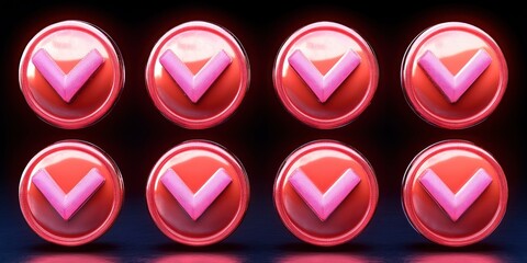 Eight glowing red buttons with pink check mark symbols arranged in two rows on a dark surface emitting a neon light effect