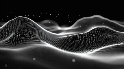Abstract digital landscape with flowing wave-like forms composed of glowing white dots on a black background conveying a sense of motion and depth