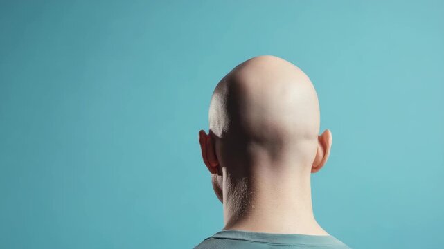 Bald Caucasian male head viewed from behind against turquoise background