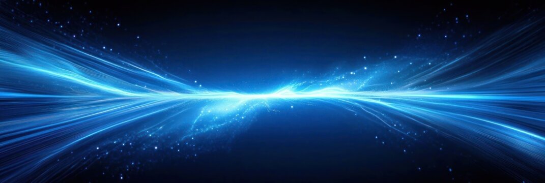 abstract blue light beams converging in the center with glowing particles on a dark background creating a futuristic and energetic atmosphere