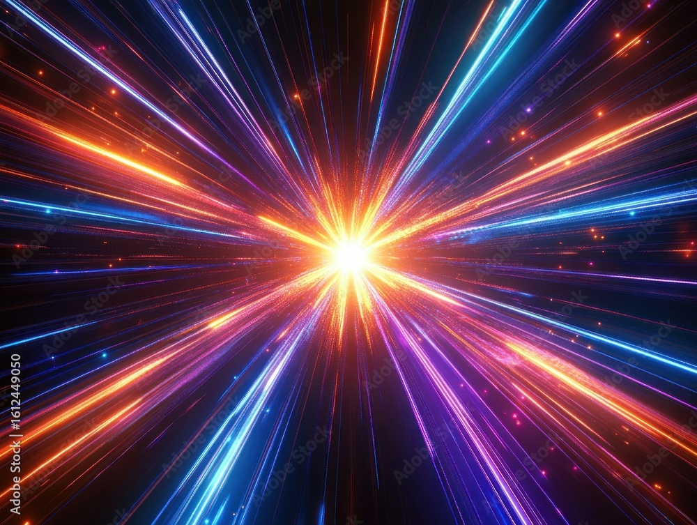 Poster bright multicolored light beams radiating outward from a glowing center creating a dynamic explosion