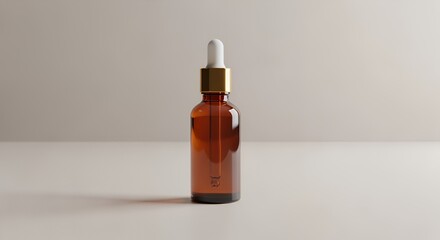 Amber glass dropper bottle with a gold cap sits on a minimalist white against a neutral backdrop, showcasing its elegant simplicity and clean design.