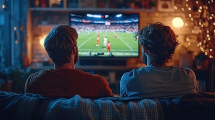 Two men sitting on a couch watching a live soccer match on a large TV in a cozy, dimly lit living room with warm ambient lighting and festive string lights