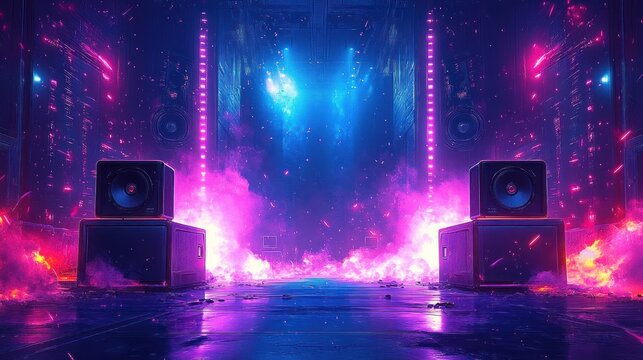 Futuristic high-tech stage with large speakers emitting vibrant purple and blue neon lights surrounded by smoke and glowing particles creating a dynamic atmosphere