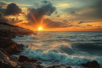 Vibrant sunset over turbulent ocean waves crashing against rocky shoreline under dramatic cloudy sky