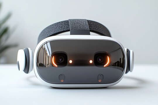 Modern virtual reality headset with reflective black front panel and illuminated sensors placed on white surface