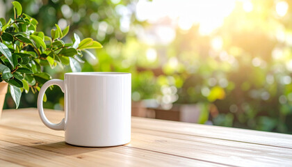 White Coffee Mug on a Wooden Table with Plants in the Background
