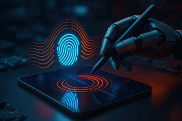 Robotic hand using stylus on tablet with fingerprint scanning and orange and blue digital elements