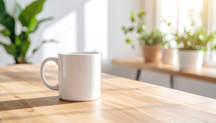 White Coffee Mug on a Wooden Table with Plants in the Background
