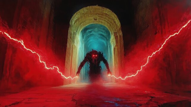 Dark monstrous figure with glowing red eyes and outstretched arms stands in an ancient stone corridor emitting red electric-like energy under eerie blue light - Powered by Adobe