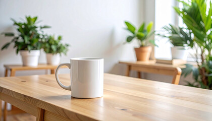 White Coffee Mug on a Wooden Table with Plants in the Background