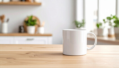 White Coffee Mug on a Wooden Table with Plants in the Background