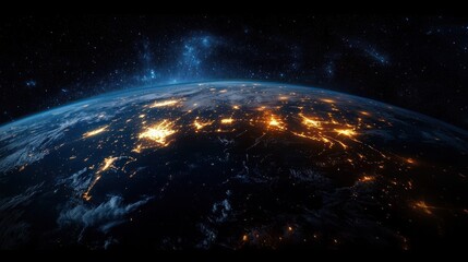 View of Earth from space at night showing illuminated city lights and glowing areas under a starry sky with visible galaxy clusters