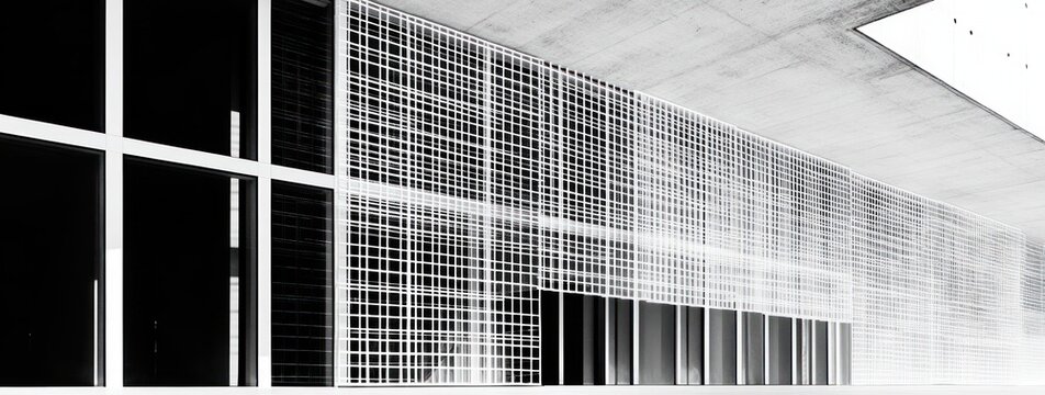 Modern architectural detail featuring grid patterns with large glass windows and concrete ceiling, emphasizing linearity and geometric abstraction