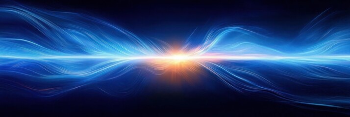 Abstract digital energy waves flowing horizontally with a bright glowing light source in the center emitting radiant blue and orange streaks against a dark background