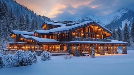 Fototapeta premium Large wood and stone cabin warmly lit in snowy winter landscape surrounded by pine trees and mountains at dusk