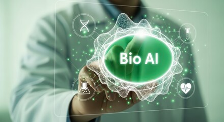 Scientist touching Bio A I interface with green glowing elements and medical icons concept
