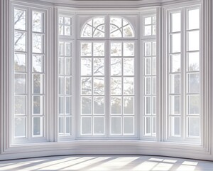 Fototapeta premium Bright spacious room with large white multi-pane bay windows letting in soft natural light and showing a misty outdoor view with bare trees