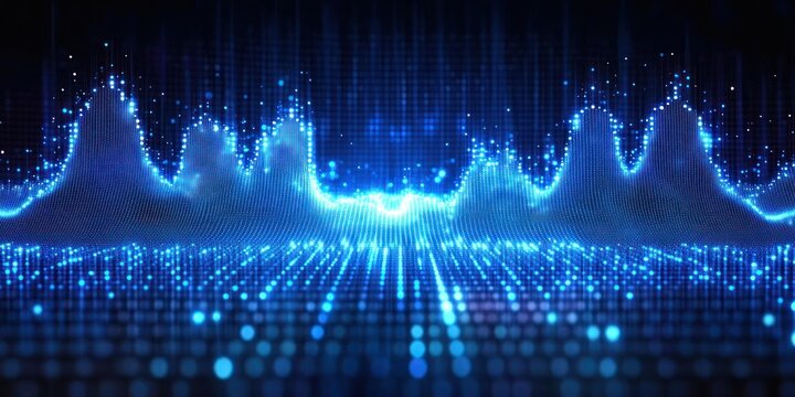 Bright blue glowing digital waveforms and particle grid fluctuating in a futuristic data visualization landscape emitting light and energy