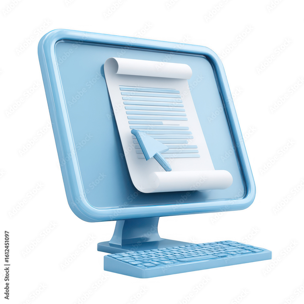 Fototapete blue computer screen with document and cursor isolated on a transparent background