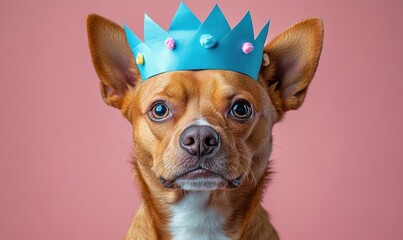 close-up of a small brown dog with large ears wearing a handmade blue paper crown with colorful pom-poms looking directly at the camera against a soft pink background