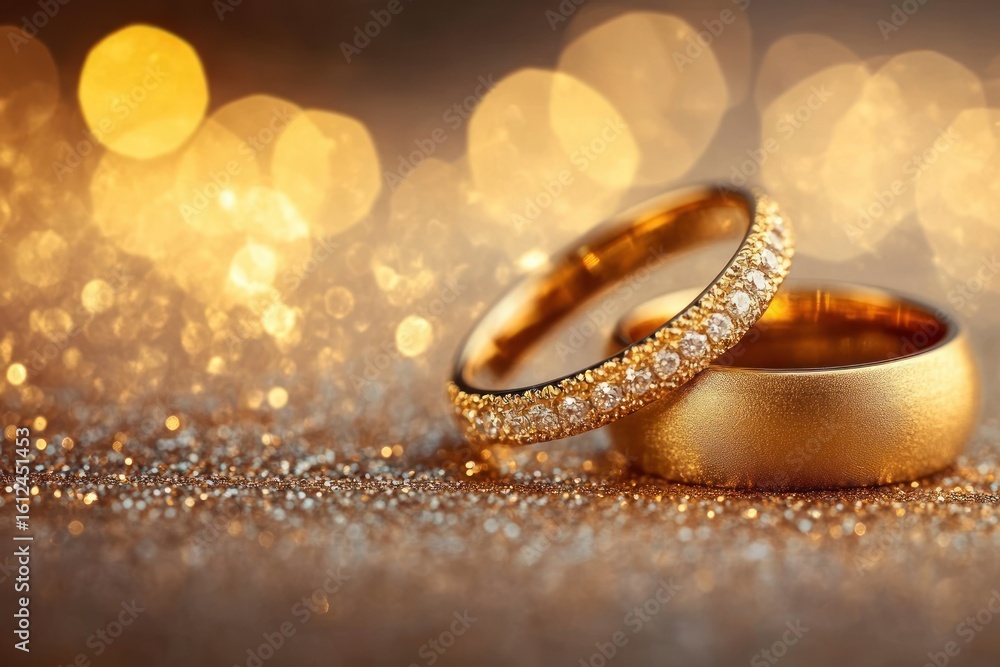 Aufkleber two golden rings with one encrusted in diamonds resting on glittering surface with warm sparkling bo