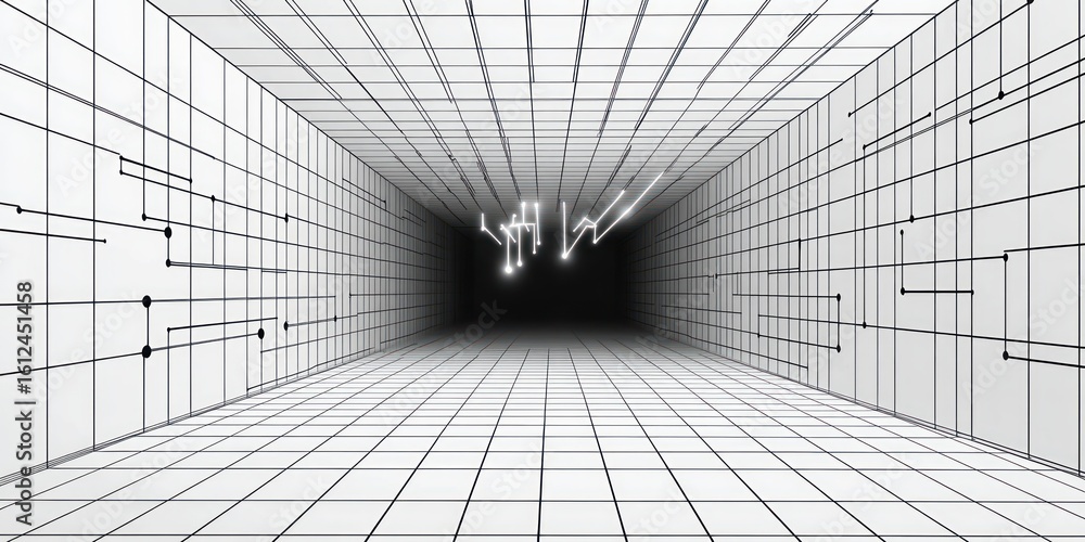 Poster perspective view of a futuristic tunnel with grid lines and circuit-like patterns leading to a dark 