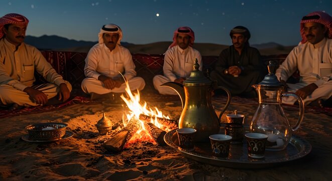 Arabian Gathering: A serene evening scene unfolds as a group of traditional men gather around a crackling bonfire in the desert, sharing stories and moments under a starlit sky.