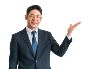 案内・おすすめ・紹介・説明・提案・ガイドするスーツ姿の中年男性ビジネスマン
