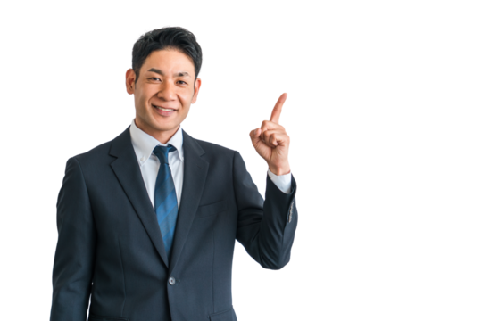 案内・おすすめ・紹介・説明・提案・ガイドするスーツ姿の中年男性ビジネスマン
