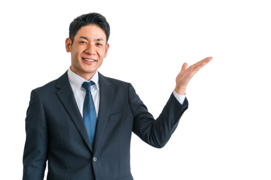 案内・おすすめ・紹介・説明・提案・ガイドするスーツ姿の中年男性ビジネスマン
