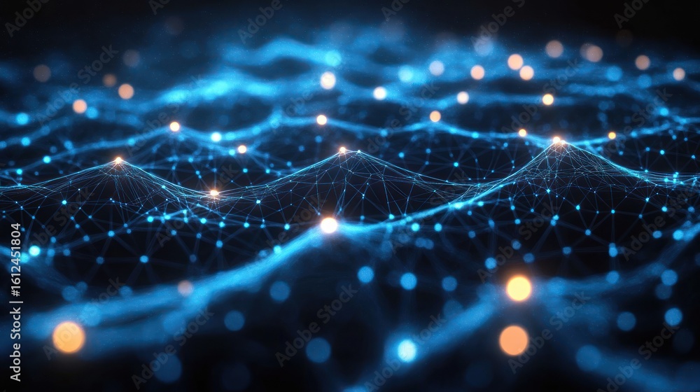 Poster abstract digital network with interconnected blue nodes and glowing points forming wave-like structu