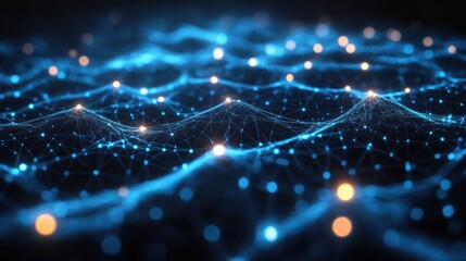 Abstract digital network with interconnected blue nodes and glowing points forming wave-like structures representing data flow and connectivity