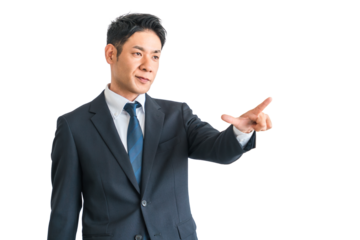 指差しするスーツ姿の中年の男性アジア人ビジネスマン（チャレンジ・前向き・アイデア・起業・希望）
