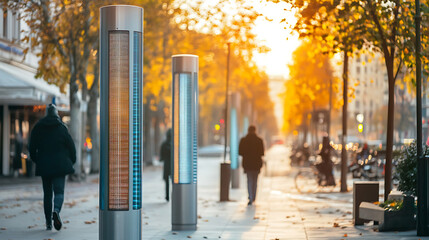 A row of street lights with a tree in the background. The street lights are white and are placed on poles