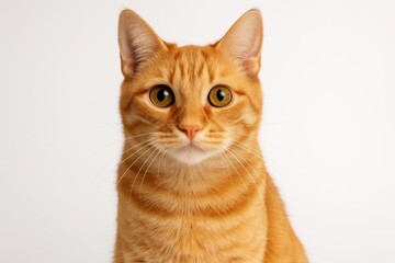 Adorable orange tabby cat with expressive eyes in professional pet portrait photography with clean white background