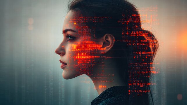 Profile of a woman with digital red code and glowing interface elements overlaying her face and hair, symbolizing technology and futuristic concepts