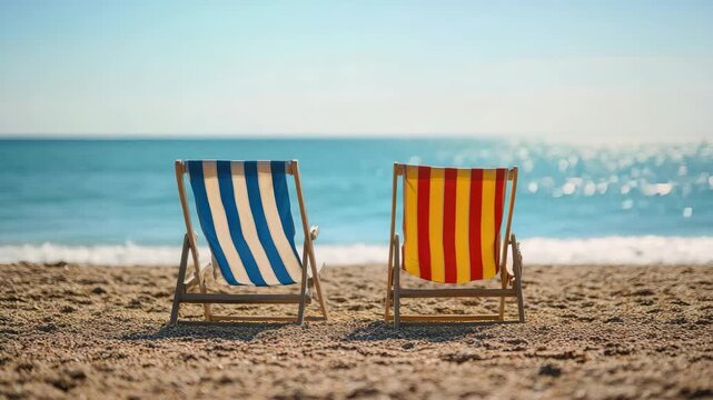 Two empty colorful deck chairs on sunny beach by sea