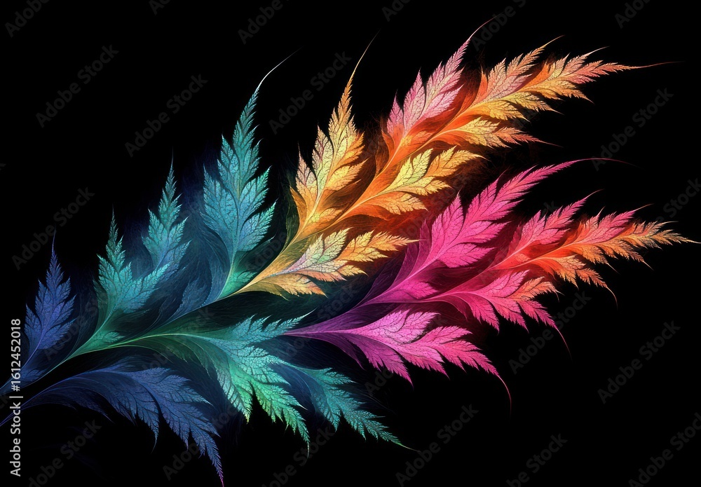 Poster colorful feather-like fractal leaf pattern with vibrant gradient hues on black background, evoking a