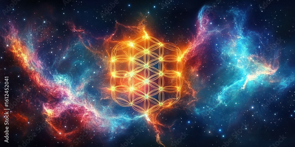 Poster glowing geometric flower of life pattern illuminated with gold light floating in a colorful cosmic n
