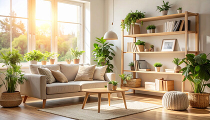 Interior of a bright and modern living room with natural plants, neutral tones, Scandinavian design, cozy furniture and sunlight coming through the window, photorealistic