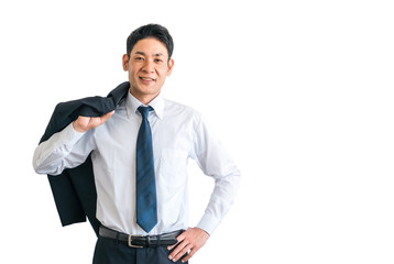 ジャケットを肩にかけるスーツ姿の中年アジア人ビジネスマン
