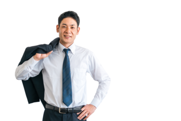 ジャケットを肩にかけるスーツ姿の中年アジア人ビジネスマン
